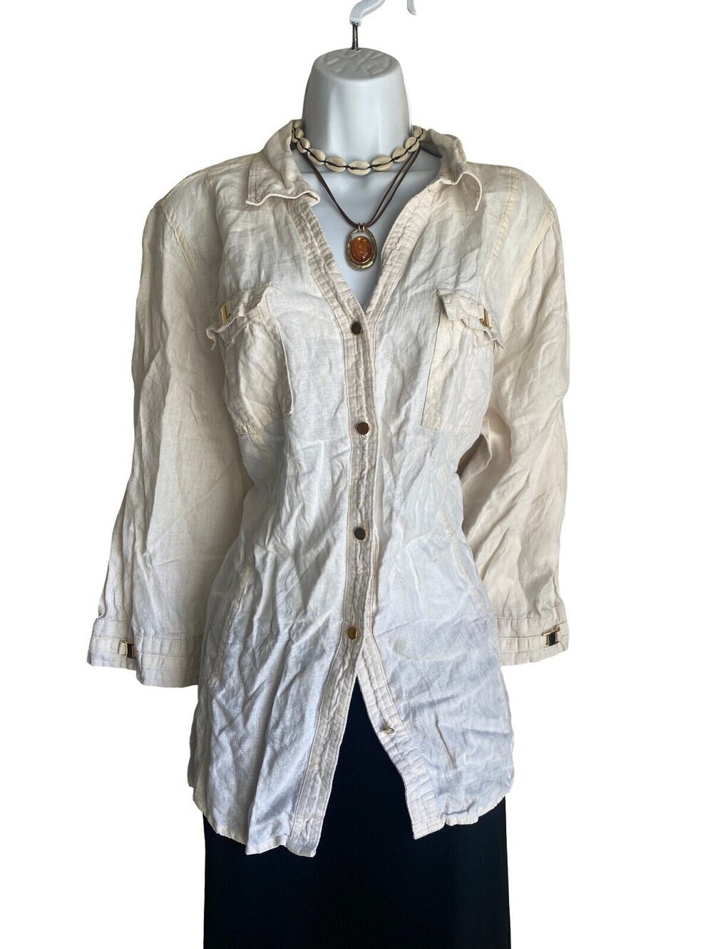 100% Linen VTG JM Collection Plus 18W Tunic Blouse Button Up Natural Casual Top